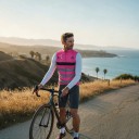 Men's Sleeveless Cycling Gilet Full-Length Zip Stand-Up Collar Extended Back Stretch Hem Polyester Pink with Grey Stripes 7