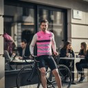 Men's Sleeveless Cycling Gilet Full-Length Zip Stand-Up Collar Extended Back Stretch Hem Polyester Pink with Grey Stripes 8