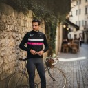 Men's Sleeveless Cycling Gilet Full Length Zip Stand-Up Collar Extended Back Polyester Black with White and Pink Stripe 5