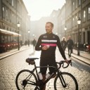 Men's Sleeveless Cycling Gilet Full Length Zip Stand-Up Collar Extended Back Polyester Black with White and Pink Stripe 7