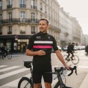 Men's Sleeveless Cycling Gilet Full Length Zip Stand-Up Collar Extended Back Polyester Black with White and Pink Stripe 8