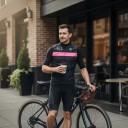 Men's Sleeveless Cycling Gilet Full-Length Zip Stand-Up Collar Extended Back Stretch Hem Polyester Black with Pink Stripe 7