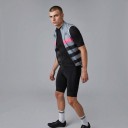 Men's Sleeveless Cycling Gilet Full-Length Zip Stand-Up Collar Extended Back Polyester Grey with Pink and Black Stripes 3