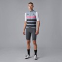 Men's Sleeveless Cycling Gilet Full-Length Zip Stand-Up Collar Extended Back Polyester Grey with Pink and Black Stripes 4