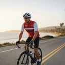 Men's Sleeveless Cycling Gilet Full-Length Zip Stand-Up Collar Extended Back Polyester Red with White and Blue Stripe 5