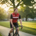 Men's Sleeveless Cycling Gilet Full-Length Zip Stand-Up Collar Extended Back Polyester Red with White and Blue Stripe 6