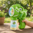 Pistola eléctrica de burbujas Dinosaurio 6 orificios y luces LED 13,8 x 6,8 x 16,1 cm Funciona con baterías AA Para niños a partir de 3 años 2
