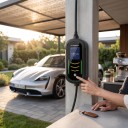 Tragbare Ladestation für Elektroautos Typ 2 11 kW 16 A 3-phasig Kabel 5 m Ladeplanung LCD-Display CEE-Stecker IP65 Schwarz 3