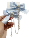 2 pinzas para el pelo con lazos de gasa y perlas, elegante cadena de perlas de 30 cm, elegantes accesorios para el pelo, delicados lazos 3