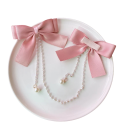 2 un Sponcas de cabelo com laços de chiffon rosa 10 x 8 cm Cadeia de pérolas 30 cm Acessórios de cabelo elegantes Decorações românticas para cabelo 2