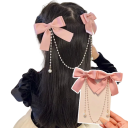 2 un Sponcas de cabelo com laços de chiffon rosa 10 x 8 cm Cadeia de pérolas 30 cm Acessórios de cabelo elegantes Decorações românticas para cabelo 3