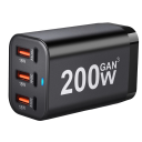 200 W-os gyorstöltő adapter 6 porttal, 3× USB C és 3× USB A töltő EU csatlakozóval 110–240 V több eszköz egyidejű töltésére, tápellátás jelzőfény 3