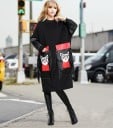 Damernas svarta höstklänning i lös passform med långa ärmar Dekorativa fickor med kattmotiv och fransar Bomull med acetat och PU-läder 1