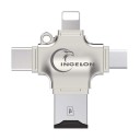 Micro SD-kortläsare 4 i 1 för telefon och dator Kontakter Lightning USB-C Micro USB och USB 3.0 Stöd för SDHC och SDXC Silverfärgad metallkropp 1