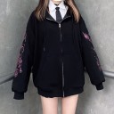 Dams zip-up hoodie-jacka Svart Rosa motiv av döskalle med svärd och rosor på ärmarna Främre fickor Lös passform Polyester och akryl 4