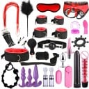26 eroottisen BDSM-työkalun setti intensiiviseen bondage-leikkiin, sisältää käsiraudat, ruoskat, vibraattorit, puristimet ja muita 1