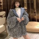 Damsjacka med glittrande paljetter och huva Löst oversize snitt Ballongärmar Dragkedja Längd över höfterna Polyester med bomull 2