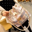 Dams crossbody-väska i form av en påse med dragsko Ornamentmönster Två remmar Bomull och polyester Mått 34 x 24 x 13 cm 2