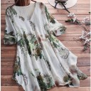 Dam lång sommarblus med blommigt tryck V-ringning Breda ärmar Asymmetrisk nederkant Löst snitt Polyester och bomull 2