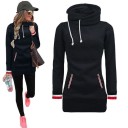 Dam lång hoodie med hög krage och snören Främre fickor med randig kant Randiga muddar Längd över höfterna Polyester 2