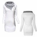 Dam lång vit hoodie med grå stickad krage Flätmönster Dekorativa nitar i guld Tight passform Polyester och bomull 1