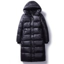 Dam lång glänsande svart quiltad vinterjacka med huva och hög krage Längd under knäna Ribbade muddar Fickor Polyester med bomull och dun 1