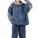 Dam denim set hoodie med huva och byxor Löst snitt Färgade randiga detaljer Känguruficka Midja med dragsko Bomull och polyester 1