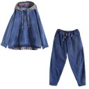 Dam denim set hoodie med huva och byxor Löst snitt Färgade randiga detaljer Känguruficka Midja med dragsko Bomull och polyester 2