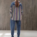 Dam denim set hoodie med huva och byxor Löst snitt Färgade randiga detaljer Känguruficka Midja med dragsko Bomull och polyester 3