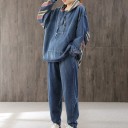 Dam denim set hoodie med huva och byxor Löst snitt Färgade randiga detaljer Känguruficka Midja med dragsko Bomull och polyester 4