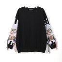 Damsvart sweatshirt i lös passform Extravaganta ärmar med ränder och prickar Applikation med porträtt av kvinna och pärlor Dekorativa snoddar 1