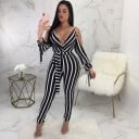 Randig jumpsuit för kvinnor med hög urringning 1