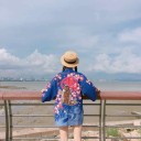 Dams lösa blus i kimono-stil med stort tryck av fisk på ryggen Vida ärmar Blommotiv och vågor Polyester med spandex 2