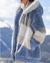 Dam plyschjacka med huva och horisontella färgade ränder Löst längre snitt Dragkedja Ribbad mudd Polyester och bomull 5