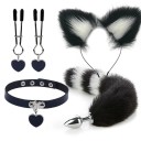 4-in-1 set, hoofdband met tweekleurige oren, hartkraag, tepelklemmen, metalen anale plug met tweekleurige staart, discrete verpakking 1