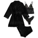 4 pcs Ensemble de nuit en soie pour femmes Peignoir à nouer Soutien-gorge en dentelle Short en dentelle et culottes Ensemble de nuit 3