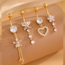 4 pcs Piercing en acier inoxydable Finition dorée Motifs diamantés cœurs papillons fleurs Bijoux corporels élégants 1