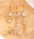 4 pcs Piercing en acier inoxydable Finition dorée Motifs diamantés cœurs papillons fleurs Bijoux corporels élégants 3