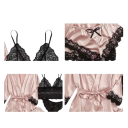 4 piezas Conjunto de Seda para Damas Bata de Atar Sujetador de Encaje Pantalones Cortos de Encaje y Braguitas Conjunto Nocturno Elegante 2