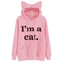 Dams hoodie med kattöron på huvan Tryck I'm a cat Känguruficka Dragsko Lång ärm Ribbad nederkant Bomull och polyester 4