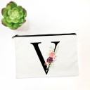 Dam kosmetikväska med initial och akvarellblommor Vitt platt fodral med dragkedja av tyg Mått 14 x 22 cm Svart dragkedja över hela bredden 22