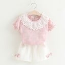 Conjunto niña cuadros con encaje y lazos J1265 2