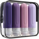 4er Set Reiseflaschen aus Silikon 90 ml in farbenfrohem Design. Wiederverschließbares Etui. Nachfüllbare Behälter für Shampoo und Creme. 8