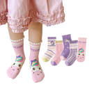 5 Paar Meisjes Kinder Sokken Katoen Polyester Elastaan Paarse Sokken met Strepen en Getekende Eenhoorns Comfortabele Kinder Sokken 3
