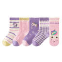 5 Paare Mädchen Kinder Socken Baumwolle Polyester Elasthan Lila Socken mit Streifen und gezeichneten Einhörnern Bequeme Kindersocken 4