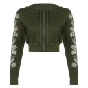 Dam kort ziptröja med huva i olivgrön färg Ornamenttryck på ärmarna Crop snitt Tillverkad av polyester med bomull och spandex 1