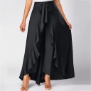 Dams asymmetrisk maxikjol med inbyggda byxor Omslagsdesign med volang Hög midja med rosett i knytning Flytande polyester 2