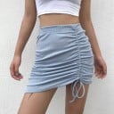 Dam mini kjol med hög midja Ljusblå Ribbad tyg Sidsnörning med rynkning Vågig kant Bomull och polyester 1