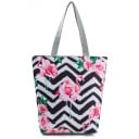 Damväska med blommönster Högre form med utvidgad botten 27 x 37 x 8 cm Långa grå handtag Polyester Mönster av rosor och vallmo 1