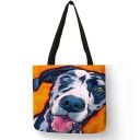 Damsväska med tryck av målad hundporträtt Linnepolyester Fyrkantig form 40 x 40 cm Svarta handtag som är 30 cm långa Uttrycksfull teckning 2